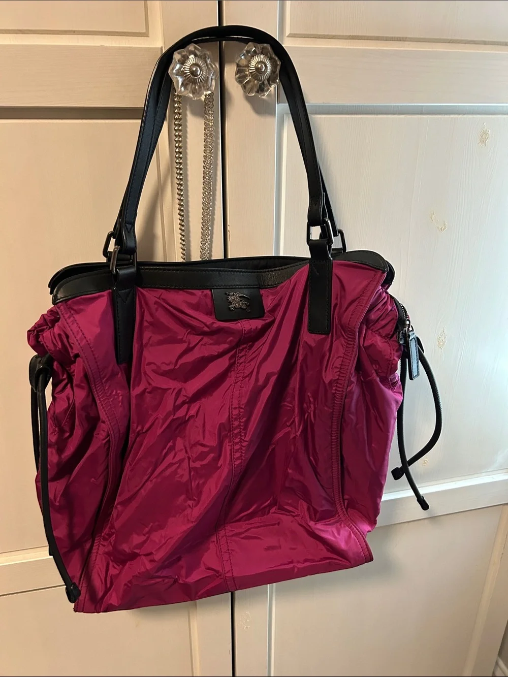Burberry Magenta Nylon Tote with Black Leather Trim